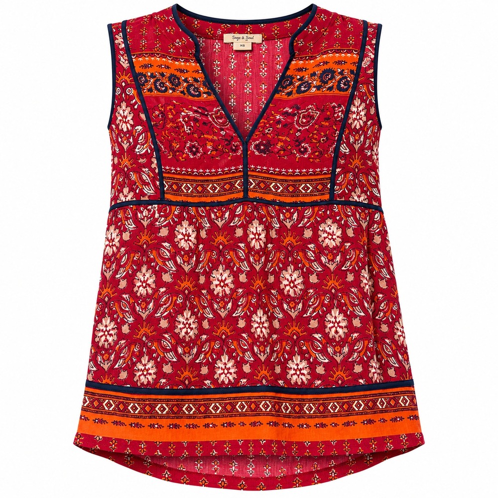 Lucky Brand Sleeveless Boho Tank Top Womens XS Red Paisley Flowy Festival Indie